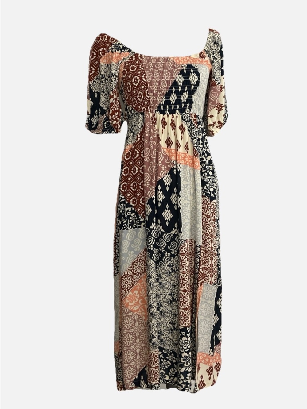 Bila 77 Womens Patchwork Smocked Cutout Back Maxi Dress Small J2149F87 Boho